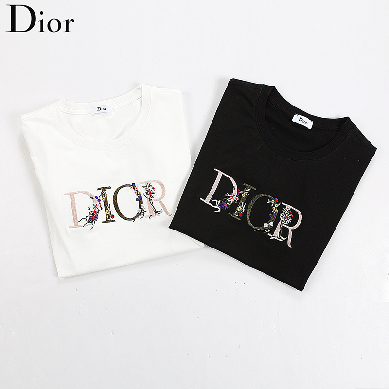Dior Fashion Rainbow Alphabet Flowers Embroidered Short Sleeve T 