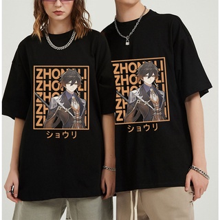 เสื้อผ้าผชZhongli Genshin เสื้อยืดลําลอง ผ้าฝ้าย แขนสั้น คอกลม พิมพ์ลายเกม Impact Action Role-playing ขนาดใหญ่ สําหรับผู