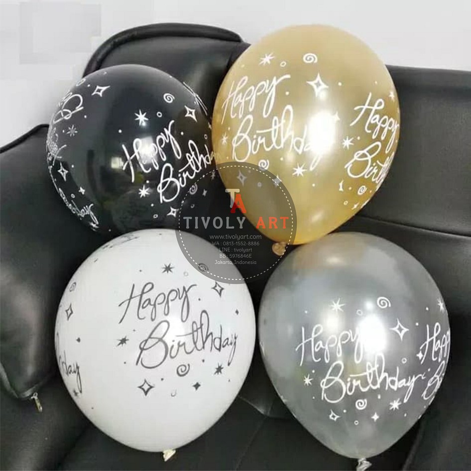 ลูกโป่งยาง HBD สีดําสีขาวทองเงินต่อแพ็ค จํานวน 100 ชิ้น | ลูกโป่งยางสุขสันต์วันเกิด | ลูกโป่ง HBD MO