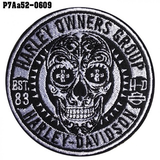 อาร์มปักลาย HARLEY OWNER GROUP หัวกะโหลก ปักดำขาวพื้นดำ ขนาด 8*8cm รุ่น P7Aa52-0609 พร้อมส่ง!!!