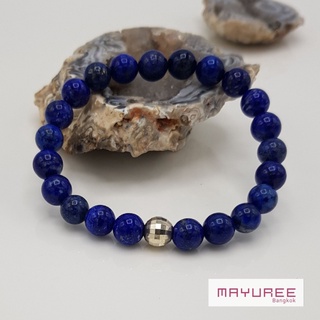 สร้อยข้อมือหินลาพิส ลาซูลี ( Lapis Lazuli) ขนาด 8 มิล ประดับด้วยลูกปัดเงินแท้ 92.5% เจียรไนลวดลายลูกบอลไฟดิสโก้