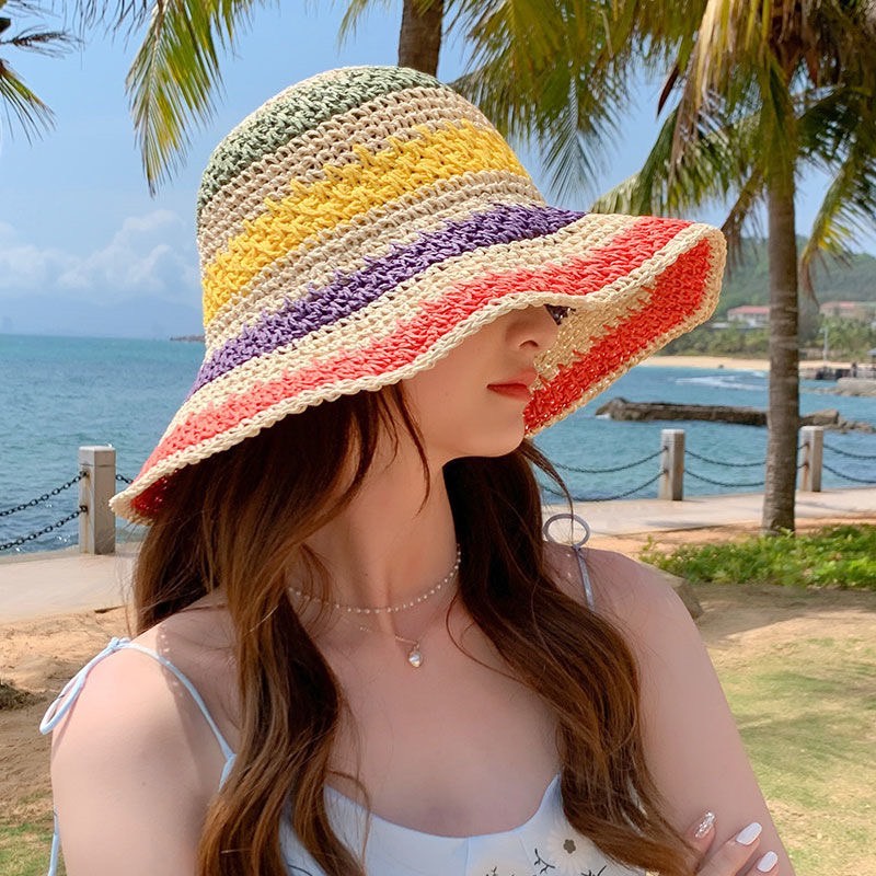 หมวกถักผู้หญิง [รุ่น S021] สไตล์ญี่ปุ่นใส่สบาย ปักดอกทานตะวัน เนื้ออ่อน ปีกกลางๆสามารถพับใส่กระเป๋าได้