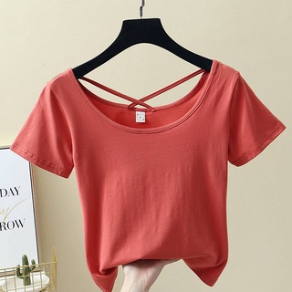 🔥 เสื้อยืดแฟชั่น 🔥  สีพื้น แต่งไขว้ด้านหลัง ผ้าคอตตอนคุณภาพดี