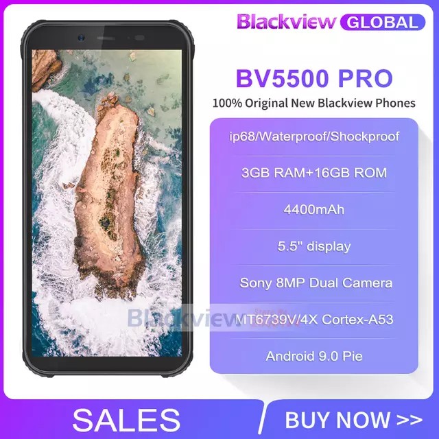 Blackview BV5500 Pro IP68 4G กันน้ำ สมาร์ทโฟน จอ 5.5นิ้ว 3GB แรม 16GB รอม แบตอึด4400mAh แอมป์ Android 9.0