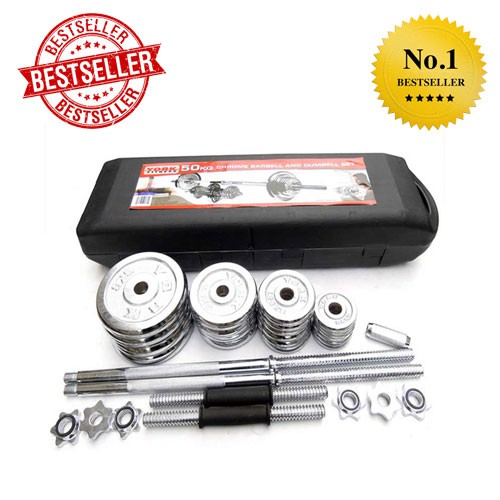 Sport city. Fitness 50KG CHROMED DUMBBELL SET ชุดบาร์เบล และดัมเบลชุบโครเมียม เซท 50 Kg.