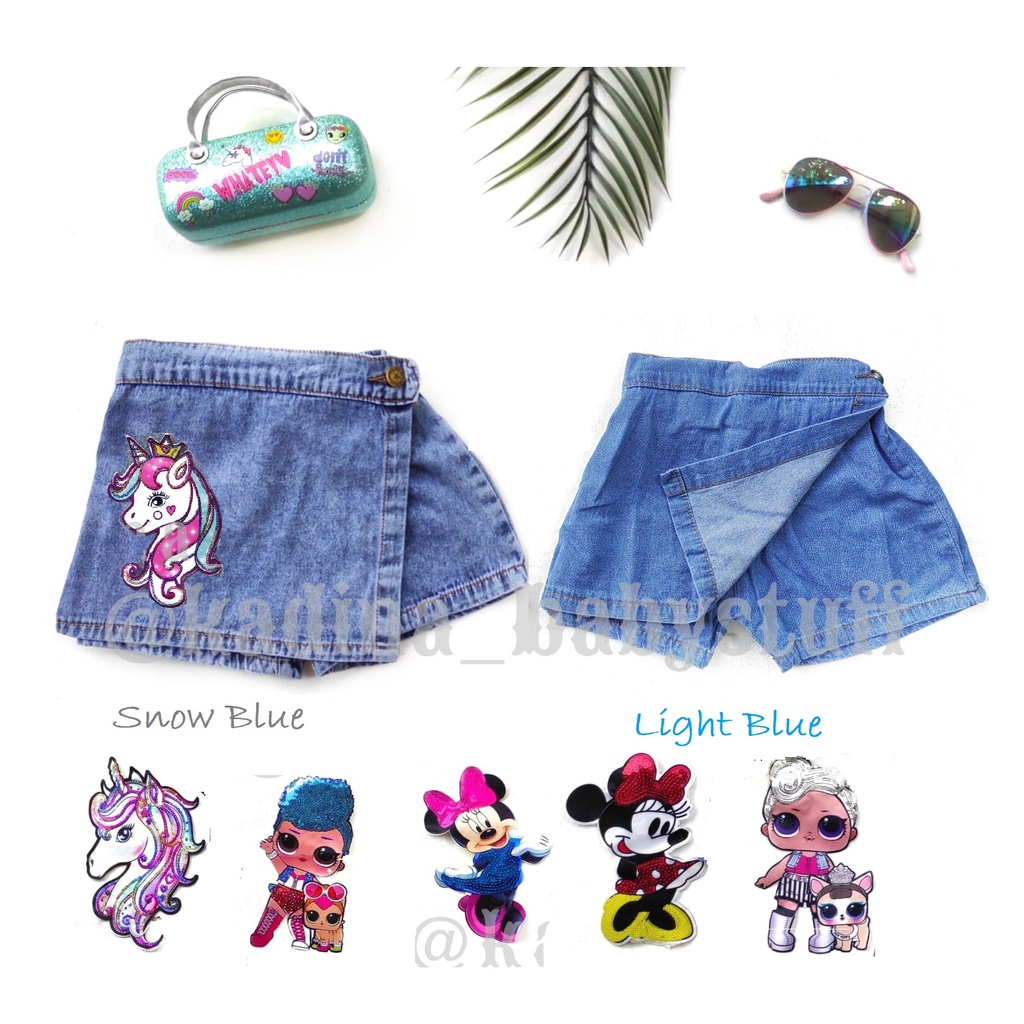 SNOW BLUE GIRLS JEANS SKIRT / UNICORN MINNIE MOUSE LOL LED GIRLS JEANS SKIRT / GIRLS PANTS อายุ 1-10