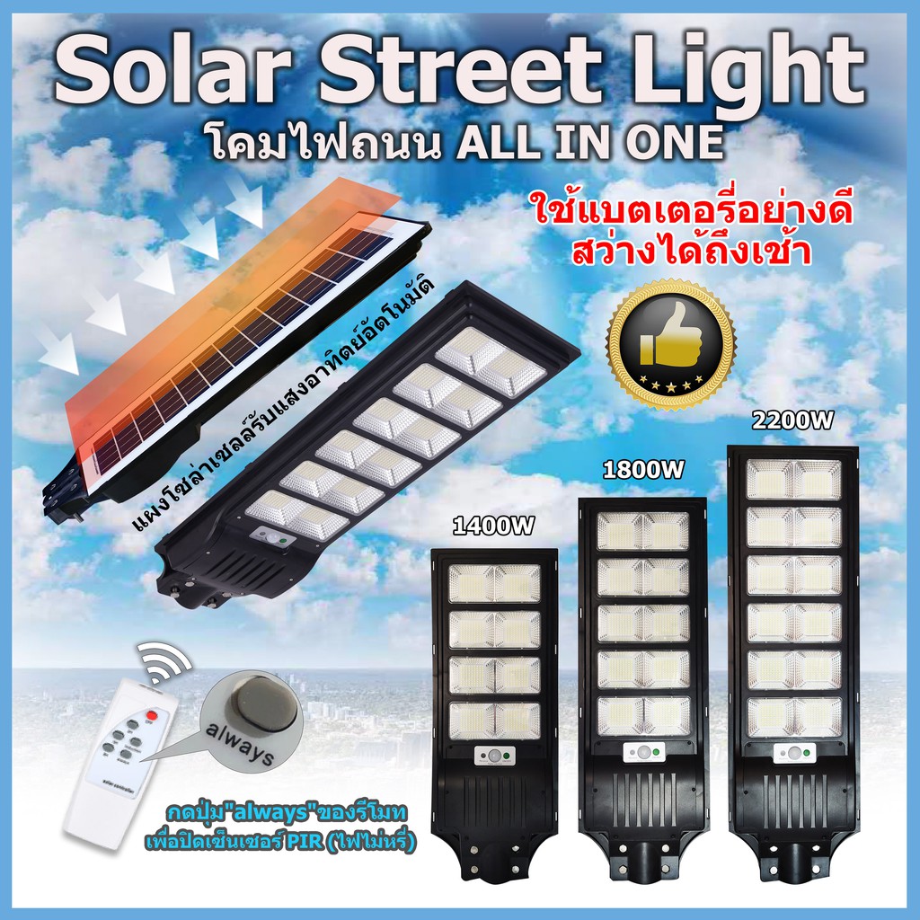 🚔ราคาพิเศษ+ส่งฟรี 💒โคมไฟถนนโซล่าเซลล์ SOLAR LIGHT ไฟ 1400W-2200W ไฟสว่างถึงเช้า ไฟพลังงานแสงอาทิตย์ กันน้ำ IP67**1400W 8 ช่อง,แสงขาว6500K 💒 มีเก็บปลายทาง