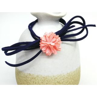 ยางรัดผมสีกรมติดดอกไม้สีชมพู ยางผูกผม Hair Band