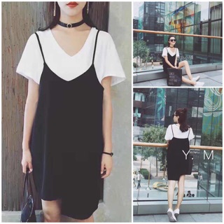 #สินค้านำเข้า V-line white tee x asymmetric black dress