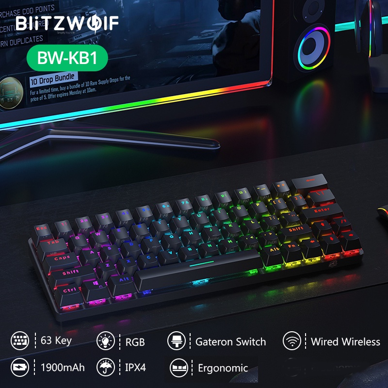 BlitzWolf BW-KB1 bluetooth-compatibleWireless Mechanical Keyboard Type-C Gaming Keyboard Gateron Switch RGB 63 Keys Brow