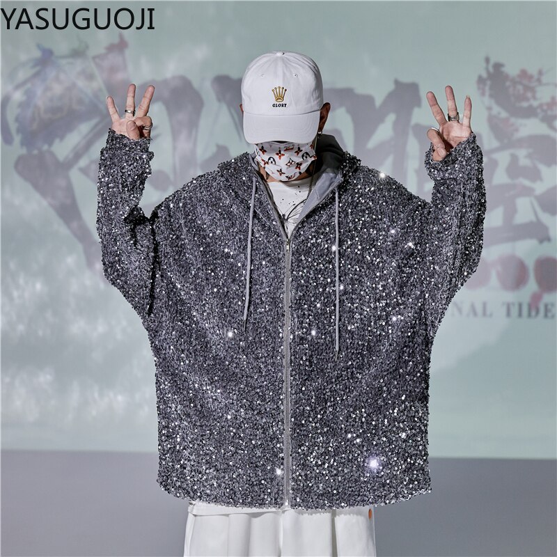 YASUGUJI ใหม่ 2024 แฟชั่นผู้ชาย Sequined แจ็คเก็ต Bling Glitter Bomber แจ็คเก็ตเสื้อ Hip Hop Tops นักร้องไนท์คลับเสื้อผ้า Man