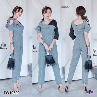 AT10690 จั๊มสูทยาวผูกไหล่ลายสก๊อต