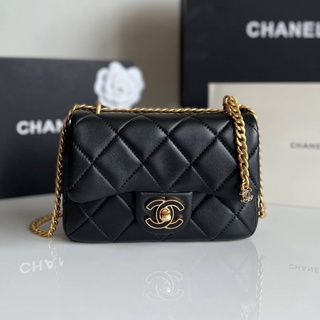 CHANEL MINI 7” square LAMB COLLECTION LOGO STRAP 💛“ Microchip เเบบรุ่นใหม่