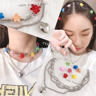 - Lollipop Choker🍭 สร้อยคอโซ่ จี้รูปหัวใจ คู่กับกิ๊บดอกไม้ 7 ชิ้น สร้อยคอสายฝอ เก๋และน่ารักมากกกก~ -