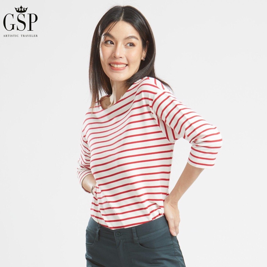 GSP เสื้อยืดผู้หญิง (จีเอสพี)Blouse แขนสามส่วนลายริ้วสีขาวแดง Lucky Stripes (PYARRE)