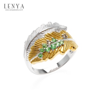 Lenya Jewelry แหวนLenYaใบประดับพลอย ซาโวไรท์ (Tsavorite) และสโมคกี้ควอทซ์ (Smoky Quartz)ชุบทองคำขาว และทองคำแท้