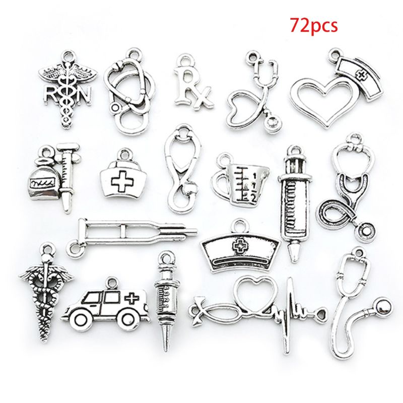 WIN 72 ชิ้นผสมโบราณเงินหมอพยาบาล Charms หูฟังรถพยาบาลจี้สําหรับ DIY สร้อยคอเครื่องประดับทํา