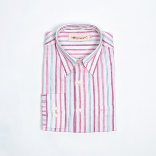 HAZARD เสื้อเชิ๊ตทำงานแขนยาวลายทาง ผ้า Linen(ลินิน) สีชมพู