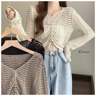 เสื้อไหมพรมถักครอปแขนยาว ดีเทลเสื้อระบายรูๆรูดสายด้านหน้าได้ see-through drawstring sweater 73182