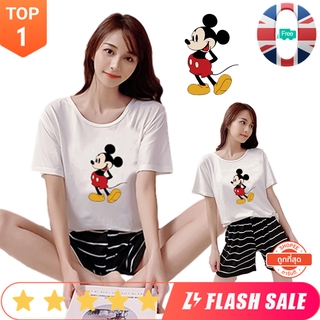 🔥พร้อมส่ง🔥ผู้หญิงแฟชั่นเกาหลีชุชุดนอนน่ารักคอตตอนแขนขาสั้นคอกลม 🐾M-L-XL-XXL ชุดนอนผ้าคอตตอล ชุดนอนแขน-ขาสั้น