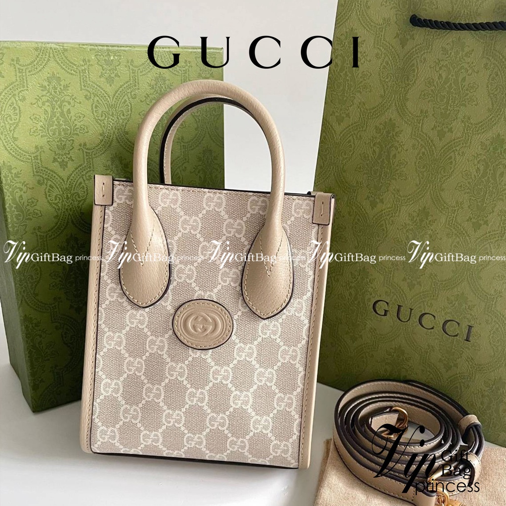 หนังแท้ GG Mini tote bag with Interlocking G พร้อมส่งที่ไทย Beige and white GG Supreme canvas เกรดออริจินอล