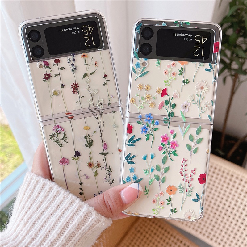 Samsung Galaxy Z Flip7 FE 6 5 4 3 5G กรณีสไตล์เรียบง่ายที่มีสีสันดอกไม้หวายโปร่งใส PC ปลอกกันกระแทก Creative Cover