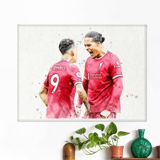 โปสเตอร์ ผ้าแคนวาส Virgil van Dijk+Roberto Firmino Liverpool นักเตะ ลิเวอร์พูล ภาพวาด ศิลปะ นักบอล นักฟุตบอล