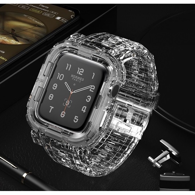 เคส apple watch + สายนาฬิกา apple watch soft Silicone Sports สาย applewatch 6 5 4 3 2 1, Apple watch SE 38mm 40mm 42mm 44mm Transparent Rubber Strap สาย applewatch