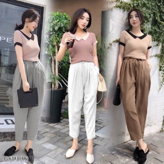 6343 Set 2 ชิ้น เสื้อแขนสั้นผ้าล่องยืดแต่งปก+กางเกงขายาวทรงสวย