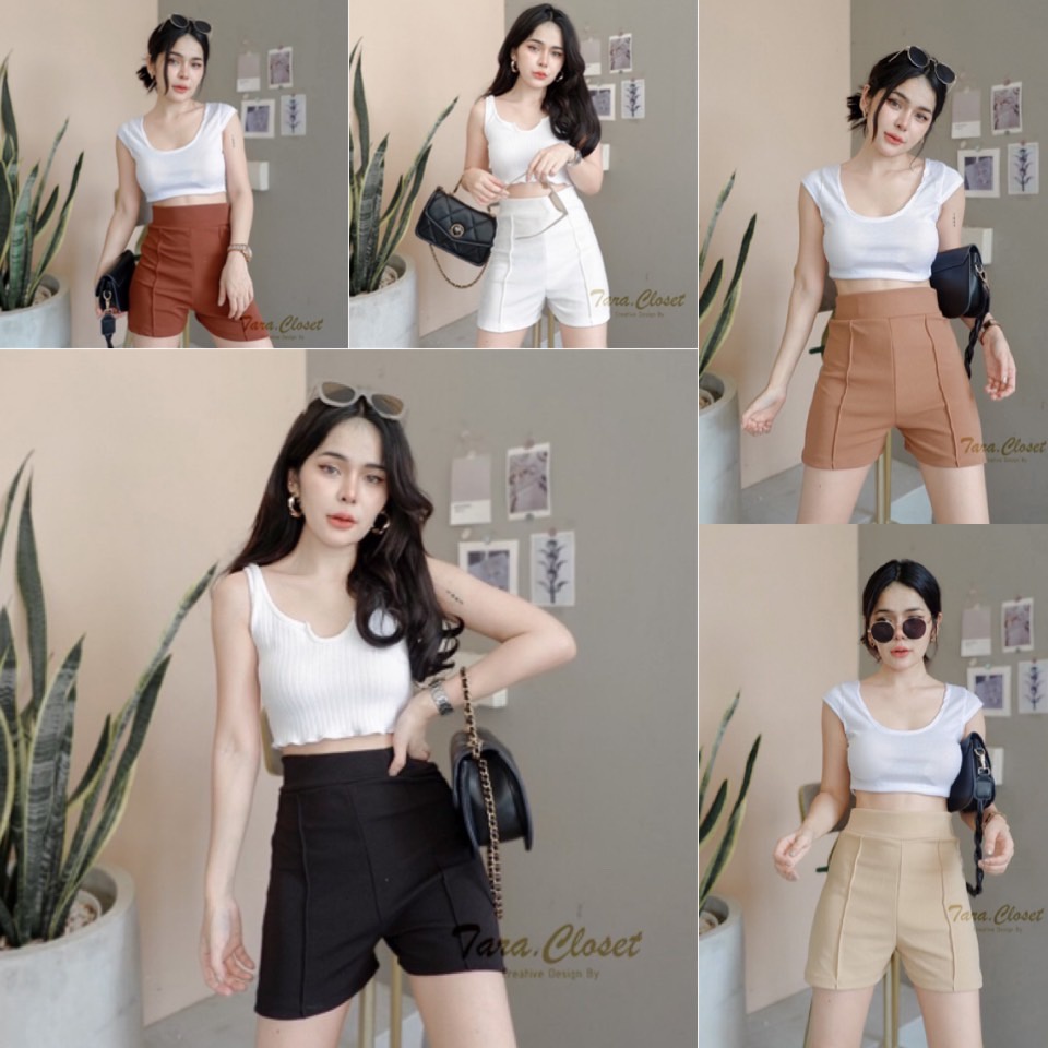 PW004 TARA Short pants กางเกงขาสั้น เอวสูง มีขอบเอว ตีเกร็ดหน้า เนื้อผ้าวูลเวฟ ผ้ายืด ใส่สบาย