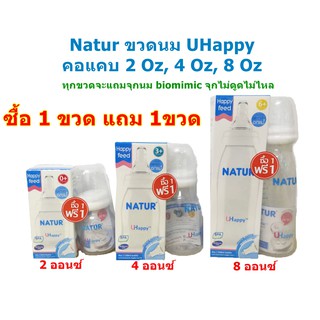 Natur ขวดนมยูแฮปปี้(1แถม1) คอแคบ 2Oz, 4Oz, 8Oz มีจุกนมไม่ดูดไม่ไหลในขวด