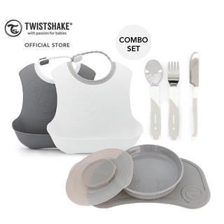 Twistshake เซ็ทสุดคุ้ม Click-Mat &amp; Plate + Cutlery + Bibs ชุดจานและแผ่นดูดกันลื่น + ชุดช้อนส้อม + ผ้ากันเปื้อน