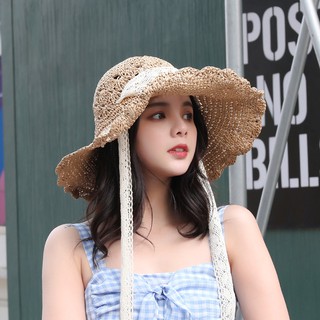 หมวกสานแฮนด์เมด พร้อมริบบิ้นลูกไม้  028