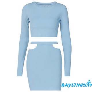 ◄ﺴ△Bay - Women  S เสื้อแขนยาว + กระโปรงเอวสูงสีพื้นสําหรับผู้หญิง