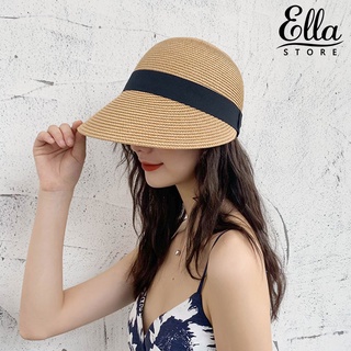 Ellastore123 หมวกฟางสาน ทรงกลม ปรับได้ พร็อพถ่ายภาพ