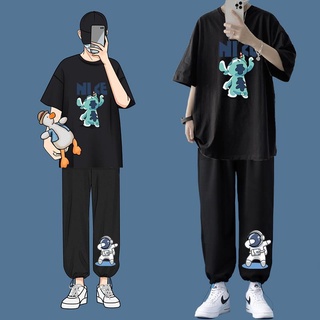 ❁✽Guardian Pants Men s Loose Drawstring Casual Summer sports two -ชุดชิ้น Tide แบรนด์ เวอร์ชั่นเกาหลีของเทรนด์เสื้อยืดแข