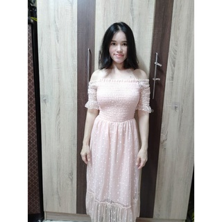 XS S  เดรสโอรสปาดไหล่ สม็อค ผ้ามุ้ง ยาว 38"