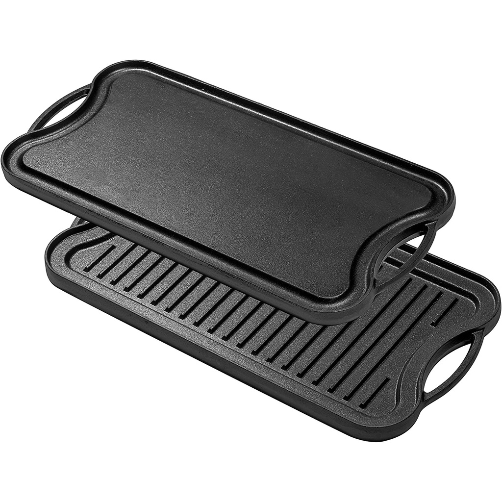 2-in-1 Cast Iron Grill &amp; Griddle - Pre-Seasoned Reversible Grilling Plate - Oven, Campfire, Double Burner Stove Top Skil