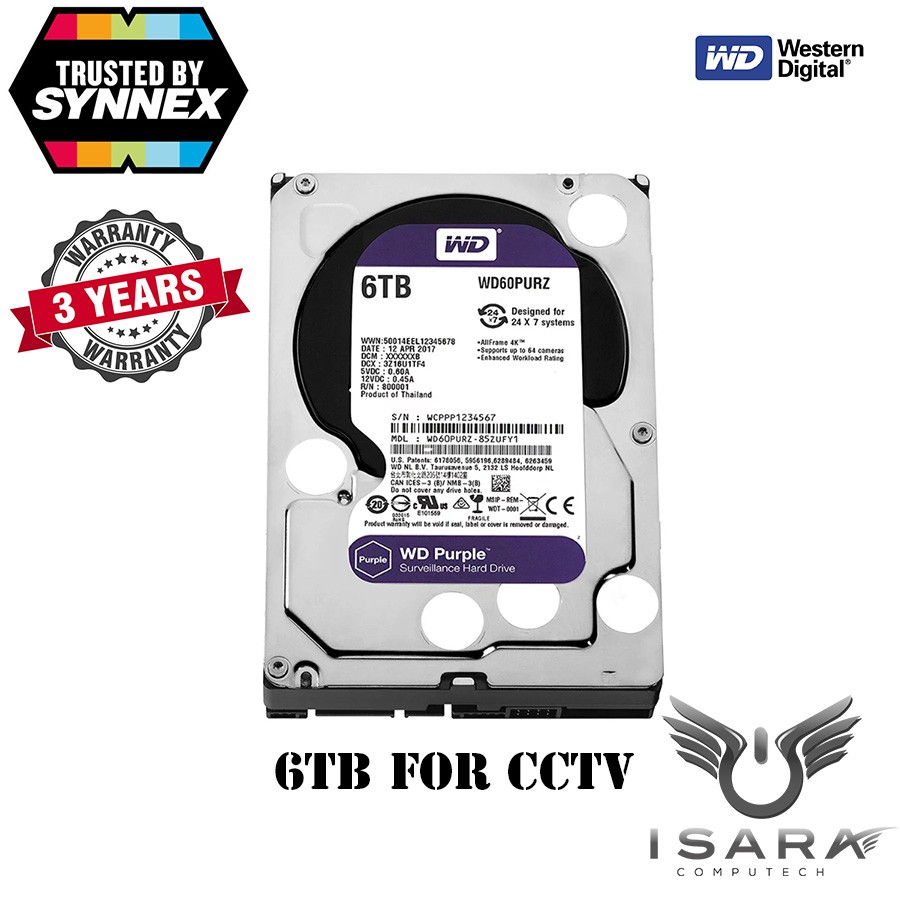 WD HDD PURPLE 6TB AV (WD60PURZ) FOR CCTV (กล้องวงจรปิด)
