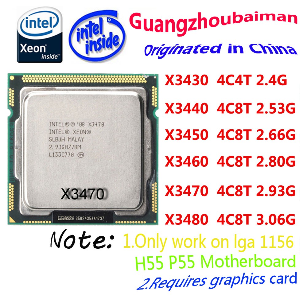 ซ็อกเก็ตโปรเซสเซอร์ ใช้กับ LGA 1156 Quad-Core XEON X3430 X3440 X3450 3460 X3470 X3480 4C8T 8M L3 95W 1156 CPU ทํางานบน H55 P55