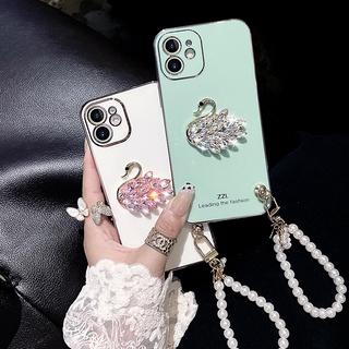 เคสโทรศัพท์มือถือ ประดับเพชรคริสตัล หงส์ พร้อมสายคล้องไข่มุก สําหรับ OPPO Reno 8t 8 8z 7 4G 7z 5G 6z 6 Pro 5 5F 4 4F 3 2 2F