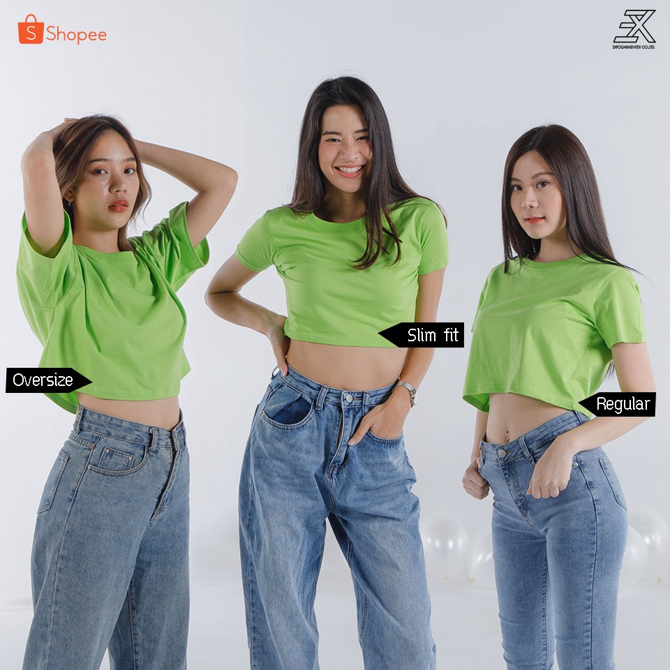 Expogarment เสื้อครอป CROP เอวลอย แขนสั้น ผ้าคอตตอน 100% สีเขียวมะนาว (มีให้เลือกทั้งหมด 3 ทรง)