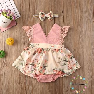 ღWSVღToddler Baby Girls Summer Romper Dress Lace Flying Sleeve Floral Jumpsuit Bodysuit with Headband One Piece Outfit