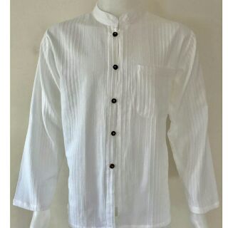 [ส่งฟรี]เสื้อผ้าฝ้าย 100% คอจีนกระดูมกะลา ผ่าหน้า แขนยาว สีขาว