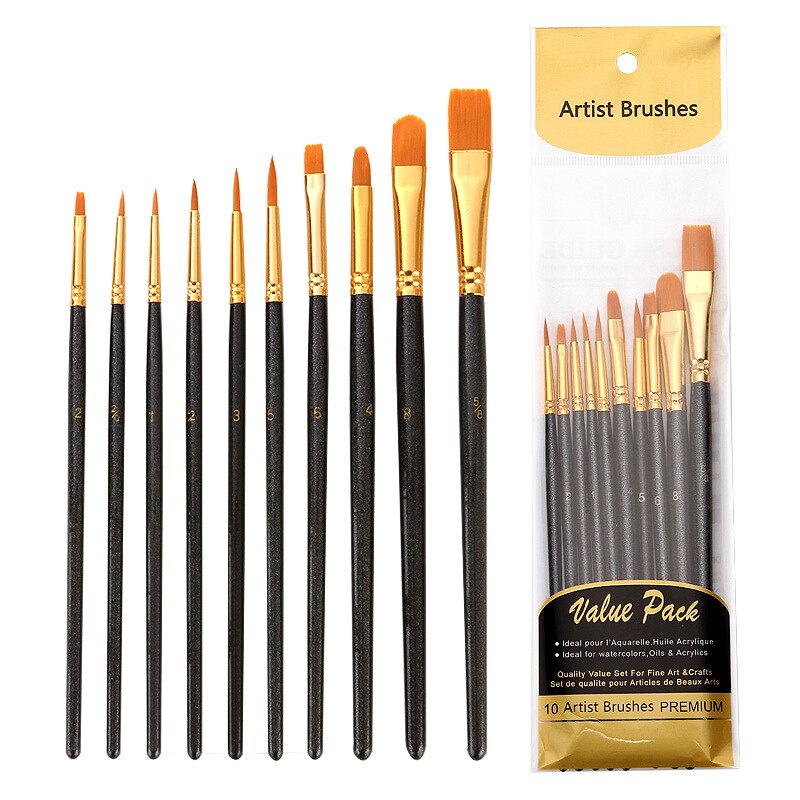 10ชิ้นมืออาชีพไนล่อนไนล่อนแปรงทาสีชุด/ไม้อะคริลิสีแปรงทาสี