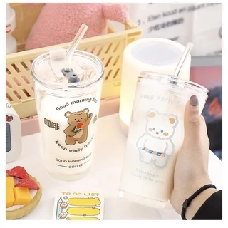 Creative Lifes Shop-แก้ว 💗แก้วน้ำน่ารัก/ถ้วยนมลายหมีน่ารัก 💗 ความจุ 450ml แถมหลอดและฝาปิด!