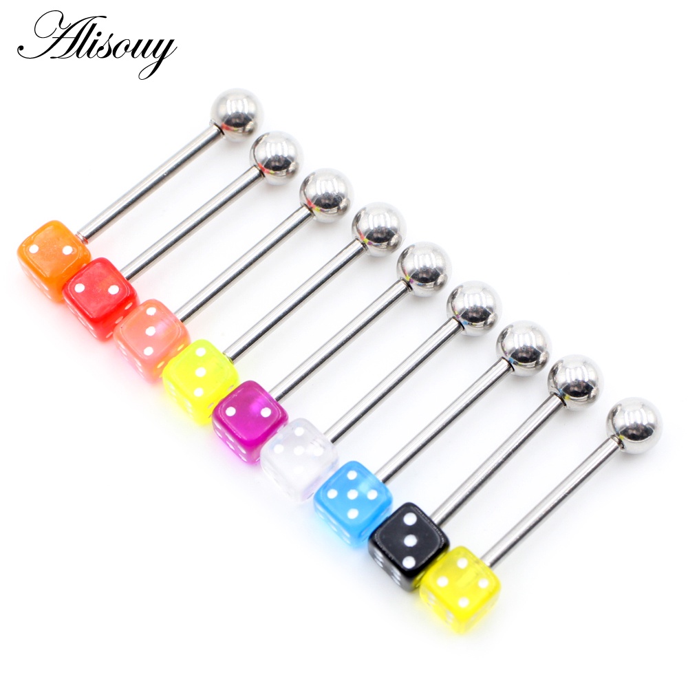 Alisouy 2pcs อะคริลิคลูกเต๋าสแตนเลสแหวนลิ้นบาร์ชายหญิง 14G อุตสาหกรรม Barbells ลิ้นเจาะ Body