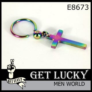 E8673 ตุ้มหูห่วง จิวห่วง GET LUCKY จิวห่วง จี้ ไม้กางเขน สีดำ เงิน รุ้ง แพค 1 ชิ้น ตุ้มหูผู้ชาย