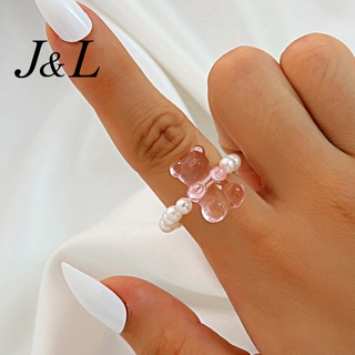 J&amp;L แหวนแฟชั่นเครื่องประดับเรซิ่นรูปมาการองสีใสสําหรับผู้หญิง