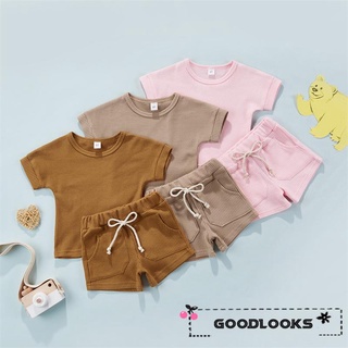 GD-2 pcs Kids Suit Set, Solid Color Round Neck Short Sleeve T-Shirt+ Shorts with Pockets